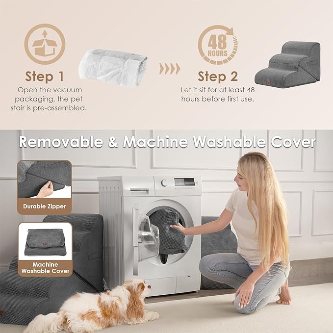 EHEYCIGA Curved Foldable Dog Stairs Ramp for Small Dogs 16" H, 3-Step Dog Steps for Couch Sofa and Chair, Pet Stairs for Cats, Non-Slip Balanced Pet Steps Indoor, Grey