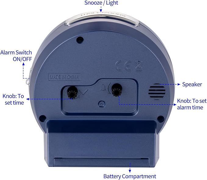 4.3" No Ticking Analog Alarm Clock,Silent Readable for Seniors,Easy to Set,Gradual Rise Alarm,Big Numbers,On/Off Switch on Side,Gentle Wake,Snooze,Lighted on Demand,Battery Operated,Blue