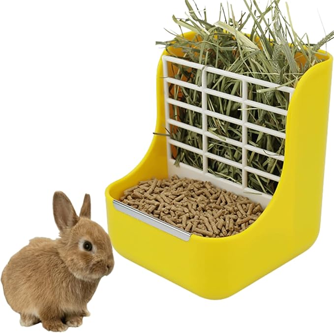 2 in 1 Food Hay Feeder for Guinea Pig, Rabbit Feeder, Indoor Hay Feeder for Guinea Pig, Rabbit, Chinchilla, Feed Bowls Use for Grass & Food (Yellow)