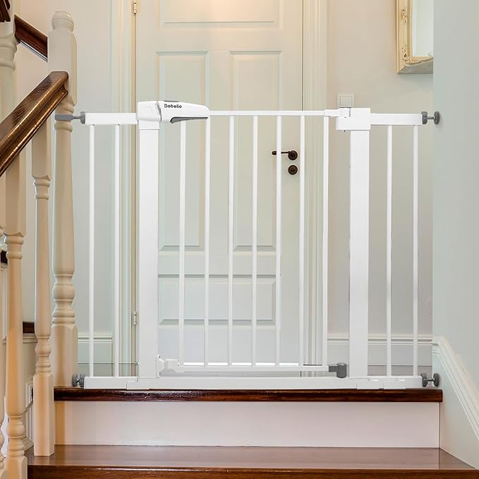 Babelio Metal Baby Gate, 29-43" Auto Close Easy Install Pet Gate, Extra Wide Walk Thru Child Safety Gate, 30" Tall Pressure Mounted Dog Gate for Doorways & Stairs, White