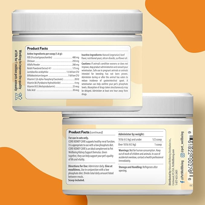 Pet Wellbeing Core Kidney Care for Cats - Daily Phosphate Binder, Supports Healthy Kidney Function with FOS, Chitosan, Probiotics - Veterinarian-Formulated 5.08 oz (144 g) Powder