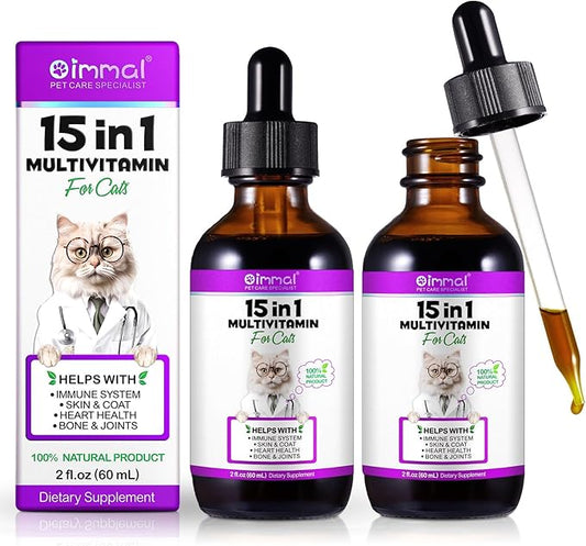 15-in-1 Multivitamin Drops for Cats - Immune Support, Skin & Coat Health, Digestion, Joint Care - with Vitamins A, B, C, D, E - Liquid Supplement for All Life Stages, 2 fl.oz/60ml, 2 Pack