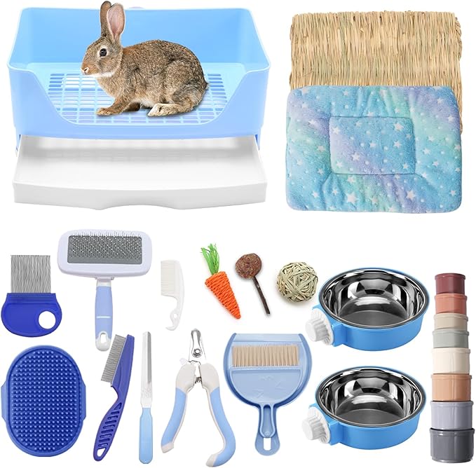 25 Pcs Large Rabbit Starter Kit, Bunny Litter Box with Drawer Animal Grooming Kit Stacking Cups Bowl Blankets Mat with Cleaning Set for Adult Guinea Pig, Ferret, Hamster, Bunnies Accessories (Blue)