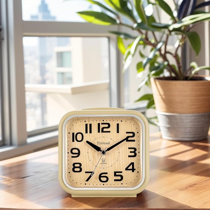 5.5" Large Analog Alarm Clock Silent Non Ticking, Gentle Wake, Beep Sounds, Increasing Volume, Battery Operated Snooze and Manual Light, Easy Set, Cream