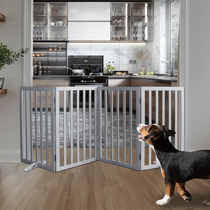 ZJSF Freestanding Indoor Dog Gate for House Foldable Wood Puppy Gate for Doorways Pet Gate for Stairs Extra Wide Pet Fence, Grey, 32" Height 4 Panels