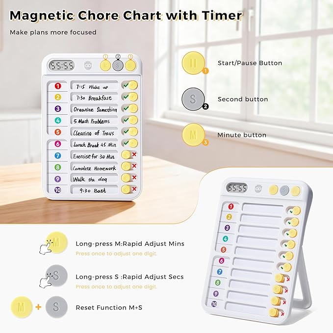 Chore Chart for Kids with Timer, Visual Schedule for Kids, ADHD Tools for Kids, Bedtime/Morning/Daily Routine Chart with 99-Min Countup/Down, Magnetic Checklist Schedule Board with Slider - White