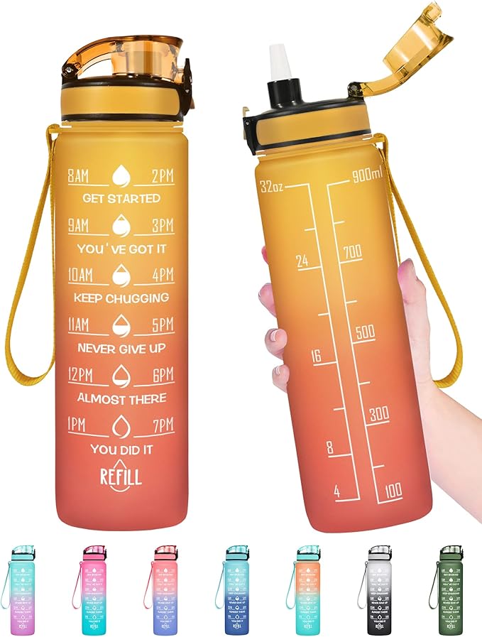 Enerbone Water Bottle, Leakproof BPA & Toxic Free, Motivational Water Bottle with Times to Drink and Straw, Fitness Sports Water Bottle with Strap for Office, Gym, Outdoor Sports