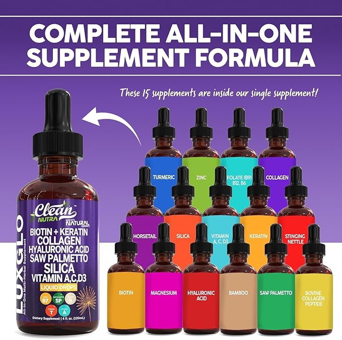 Biotin Liquid Drops Collagen Keratin Hyaluronic Acid Saw Palmetto for Hair Skin and Nails Silica Vitamin A C Vitamin D Bamboo Turmeric Zinc Folate Magnesium Horsetail LuxGlo by Clean Nutra - 2Pack