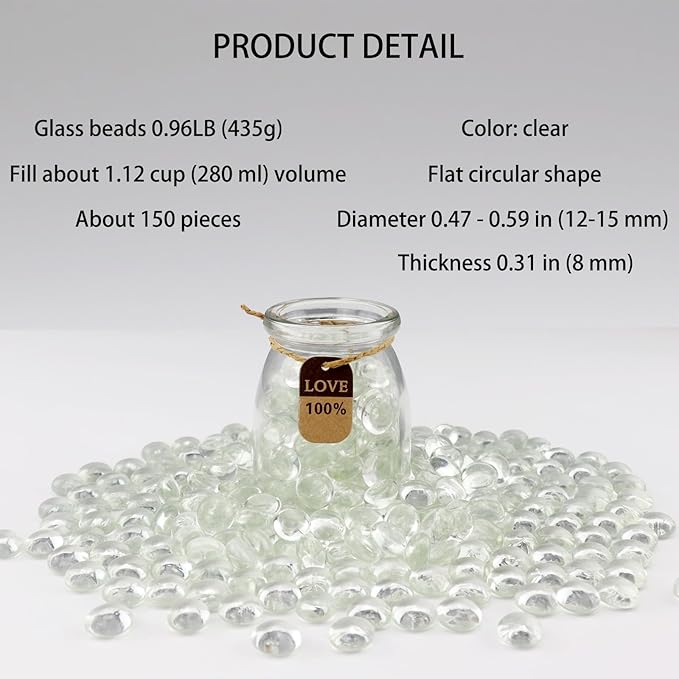 0.96LB Glass Beads Vase Filler Aquarium Gravel Decor Flat Glass Marbles Gems Pebbles Fish Tank Rocks Home Decorative Art Craft - Clear