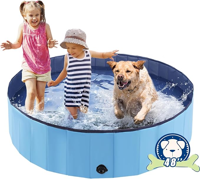 Foldable Dog Bath Swimming Pool Plastic Kiddie Pool Professional Tub Collapsible Grooming Bathtub for Pets Kids Baby and Toddler, 48 x 12 Inches Blue