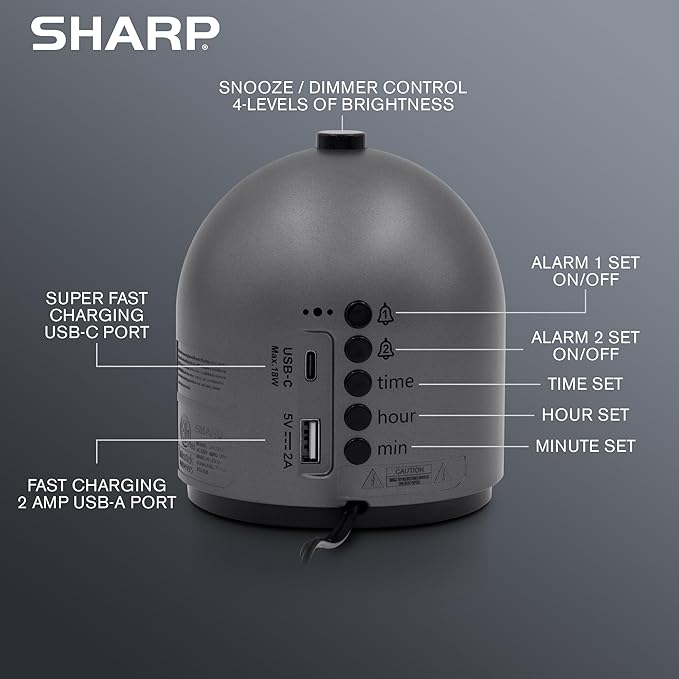Sharp Alarm Clock for Bedroom, 2 Alarms, Easy to Read Display, Simple Basic Digital Clock with Dual USB and USB-C Charging Ports, Dimmable, Snooze, Perfect for Kids, Teens, Senior, Home Office