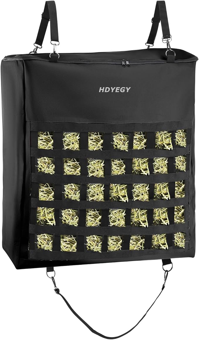 1Pcs Hay Bag for Horse,1200D Oxford Fabric Slow Feed Bags with Front Hay Nets Design and Heavy Duty Zipper Large Top Load Feeding Bag for Horses and Livestock,Black