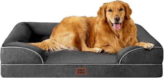 EHEYCIGA Orthopedic Dog Beds for Large Dogs, Waterproof Memory Foam Large Pet Bed with Sides, Non-Slip Bottom and Egg-Crate Foam Dog Couch Bed with Washable Removable Cover, Dark Grey