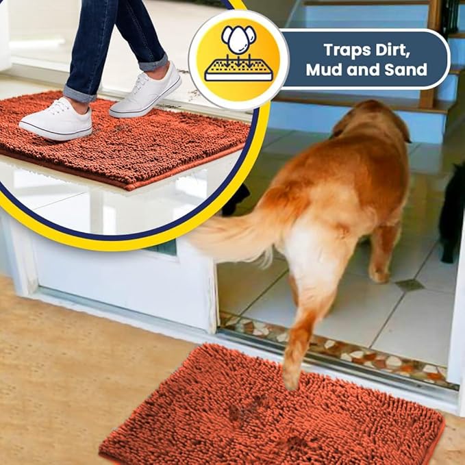 Muddy Mat® AS-SEEN-ON-TV Highly Absorbent Microfiber Dog Door Mat and Pet Rug, Non Slip Thick Washable Area and Bath Mat Soft Chenille for Kitchen Bathroom Bedroom and Indoor - Orange XXXL 72"X48"