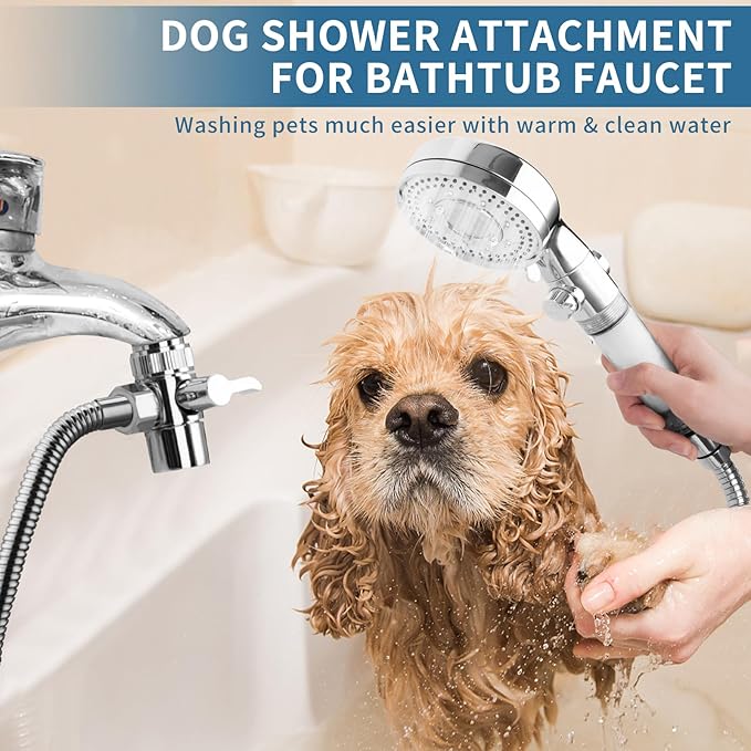 Klleyna Filter Dog Shower-Attachment for Bathtub-Faucet - ON/OFF Shower Head Attaches to Tub Spout, Pet Wash Hose Sink Sprayer (5 Adapters), Bathroom Kitchen Tap Extension for Hair Washing & Baby Bath