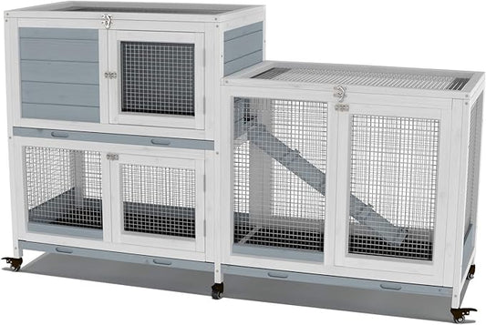 GDLF Two Floors 58" Wooden Indoor Bunny Hutch Rabbit Cage on Wheels Guinea Pig PET House for Small to Medium Animals Waterproof No Leak Tray