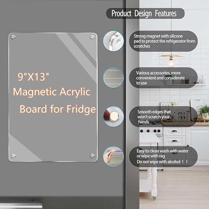 9"X13" Acrylic Dry Erase Board for Refrigerator,Clear Magnetic Dry Erase Board for Fridge,Includes 6 Colors Markers