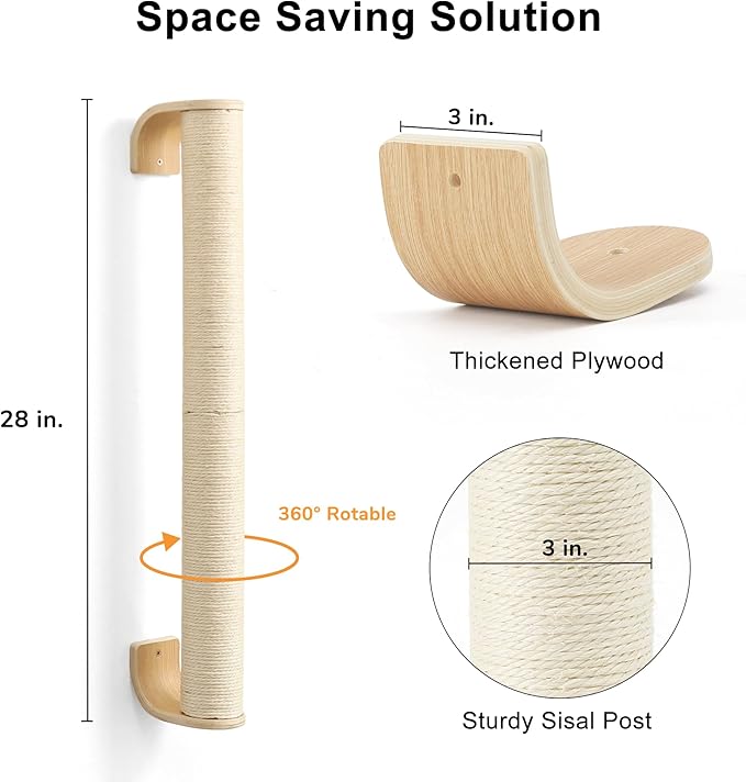 FUKUMARU Cat Wall Scratcher, 28" Wall Mounted Kitten Scratching Post, Sturdy Sisal Climbing Tree for Indoor Cats