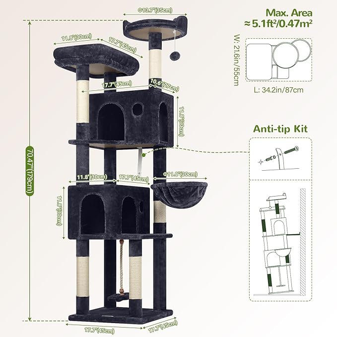 Globlazer Cat Tree, 70 inch Tall Scratching Tower Multi-Level Cat Condo for Indoor Multiple Cats with 2 Large Cat Caves, Top Perch, Large Platform, Bottom Swing, F70B, Dark Grey