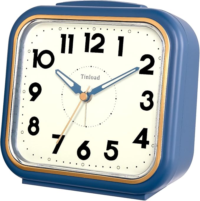 5.5" Large Analog Alarm Clock • Silent Non Ticking • Gentle Wake • Beep Sounds • Increasing Volume • Battery Operated Snooze and Manual Light • Retro Blue