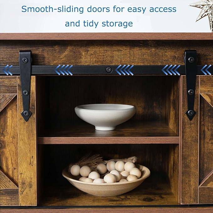 Entryway Table with Storage, Farmhouse Buffet Cabinet Coffee Bar Kitchen Island with Sliding Barn Doors & Shelves, Console Table for Kitchen, Dining Room, Living Room, Brown