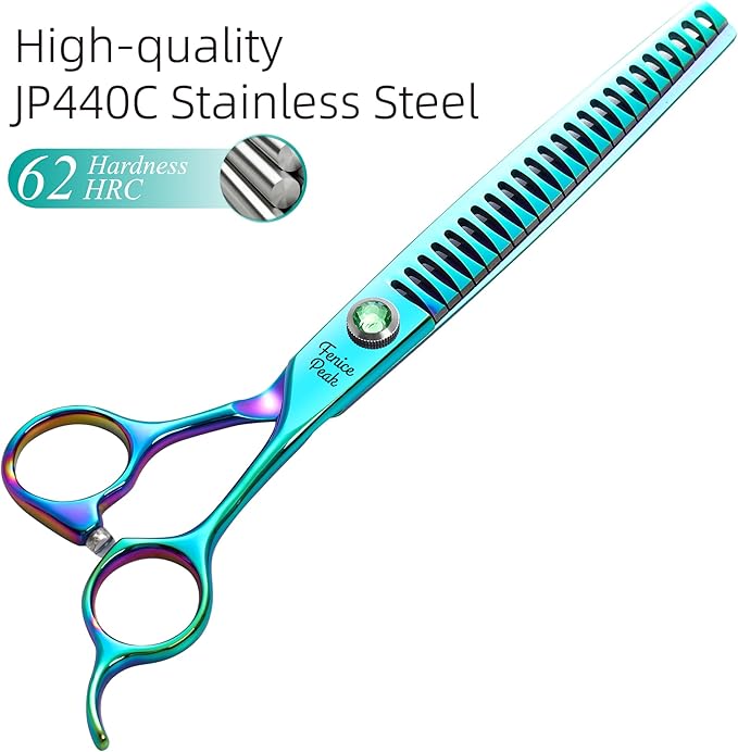 Fenice Peak Green Dog Grooming Scissors Set Straight Thinning Curved and Chunker Shears 4PCS Kit with Simulated Emerald Screw 440C Trimming Shears Durable and Sharp
