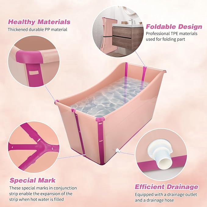 YUEPET Extra Large Foldable Dog Bath Tub for Large Dogs, 49 Gal Portable Dog Bathtub Lightweight Hightened Pet Wash Station with Drain Plug for Big Dogs Indoor/Outdoor Bathing, Camping (Pink)