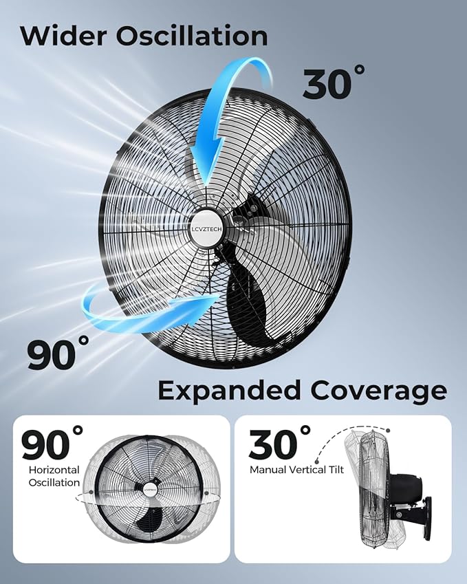20 inch Wall Mount Fan Oscillating, 3-Speed 5500 CFM High Velocity Industrial Wall Mounted Fan, Heavy Duty Air Circulator for Garage, Shop, Gym, Workshop, Covered Patio - UL Listed