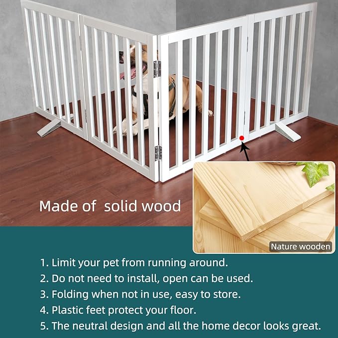 ZJSF Freestanding Indoor Dog Gate for House Foldable Wood White Puppy Gate for Doorways Pet Gate for Stairs Extra Wide Pet Fence 32" Height 4 Panels