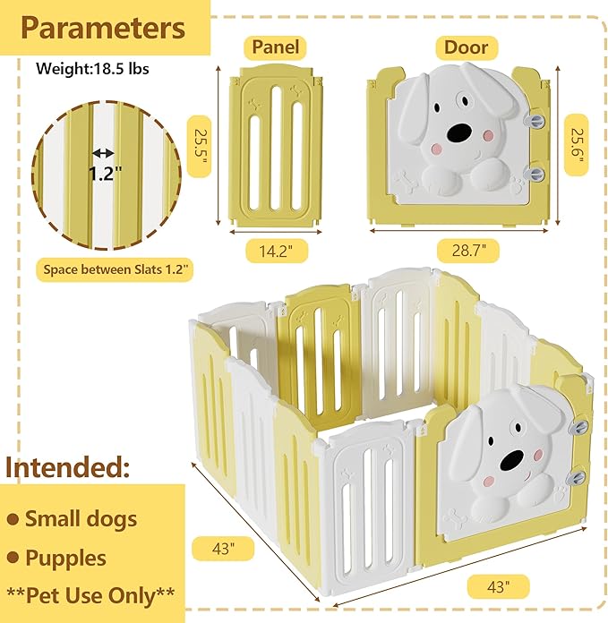 Foldable Dog Play Pen Indoors, Non-Slip Sturdy Puppy Playpen with Door, 25.5" H 10-Panel Adjustable Shape Dog Fence Pen for Small/Medium Dogs, Thickened, Easy to Store, White+Yellow