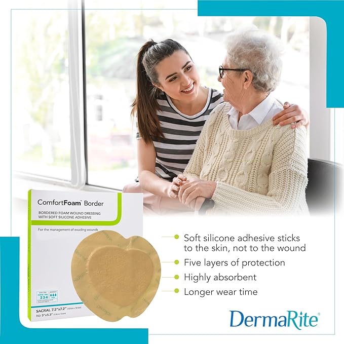 DermaRite ComfortFoam Border, Foam Wound Dressing - Flexible and Soft Silicone, Self Adhesive, No Natural Rubber Latex - 7-1/5 in. x 7-1/5 in., 1 Count, 5 Packs, 5 Total