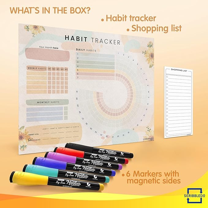 Habit Tracker Journal Workout Motivation Fridge Calendar Dry Erase 13” X 17” Magnet Health Fitness Goal Tracker Goals Board - With Shopping Grocery List - 6 Markers Included
