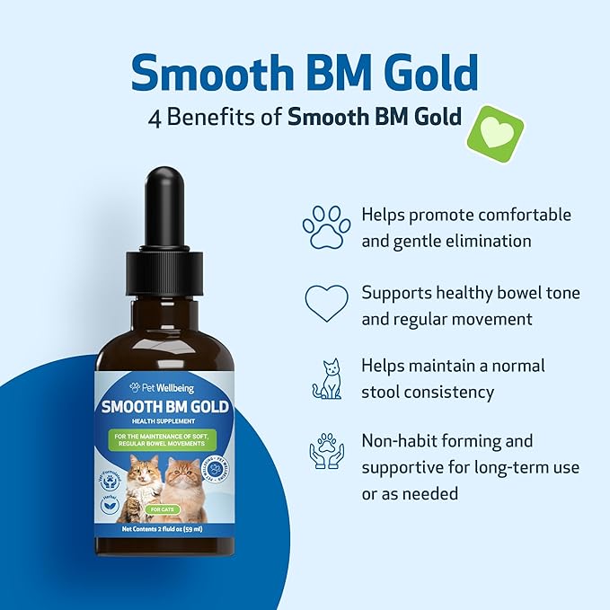 Pet Wellbeing Smooth BM Gold for Cats - Gentle Constipation Relief for Felines - Natural Herbal Supplement 2 oz (59 ml)