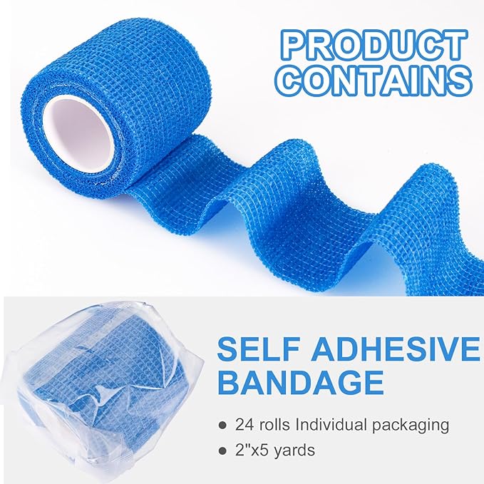 24 Pack Self Adherent Cohesive Wrap Bandages, 2” x 5 Yards Blue Athletic Tape, Medical Tape, Vet Wrap, Elastic Grip Tape for Sports Wrist Ankle Pet Ankle Swelling Sprains