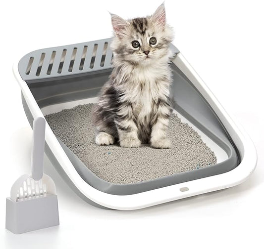 Foldable Cat Litter Box, Large Height-Adjustable Anti-Splash Open Air Kitty Litter Pan, Easy Clean with Scoop (Gray)