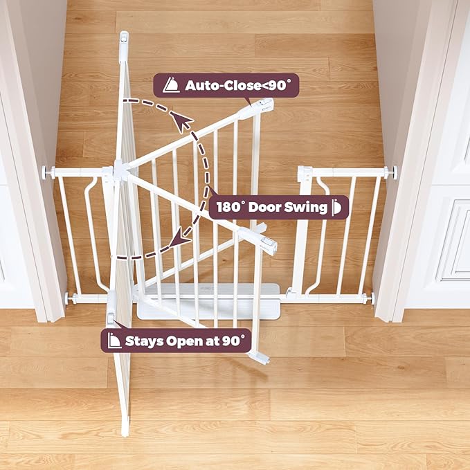 34" Extra Tall Baby Gate for Stairs, Auto Close Stroller Friendly Dog Gate Indoor for Doorways, Pressure Mounted 29"-51" W Baby Gate, Easy Walk Through Gate for Children & Pets, White