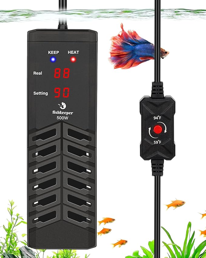 fishkeeper 500W Submersible Aquarium Heater – Ultra-Safe Digital Fish Tank Heater for 53-130 Gallon, Leaving Water Auto Power-Off, PID Intelligent Fast Heating, 59°F-93°F Accurate Temperature Control