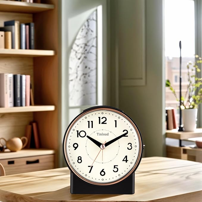 4.3" Retro Analog Alarm Clock, Vintage Decor, No Ticking Silent, Easy to Set, Gradual Rise Alarm, On/Off Switch on Side, Gentle Wake, Snooze, Lighted on Demand, Battery Operated, Retro Black