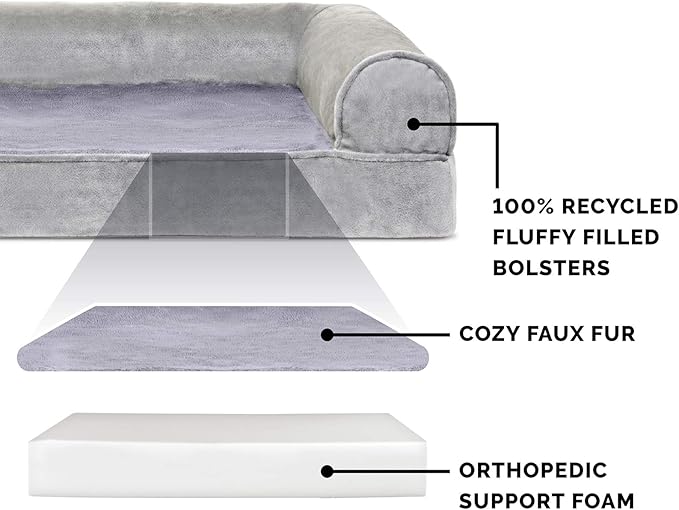 Furhaven Orthopedic Dog Bed for Large Dogs w/ Removable Bolsters & Washable Cover, For Dogs Up to 125 lbs - Faux Fur & Velvet Sofa - Smoke Gray, Jumbo Plus/XXL