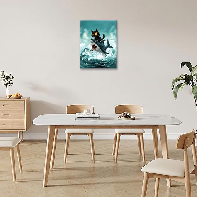 Funny Black Cat Bathroom Wall Art Cute Cat Riding Shark Canvas Wall Decor Animal Kitten Pictures Painting Print Artwork Framed Decorations Gifts for Cat Lover Kids Room Bedroom 24"x20"
