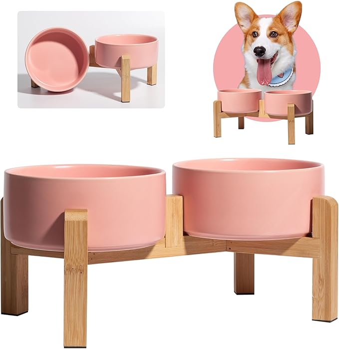 Elevated Ceramic Dog Bowl Set - Raised Dog Bowls with Non-Slip Bamboo Stand - Dog Food and Water Bowl Set - Double Dog Feeding Bowls - Suitable for Small and Medium Dogs - 28.74 OZ - 3.6 CUPS - 850 ML