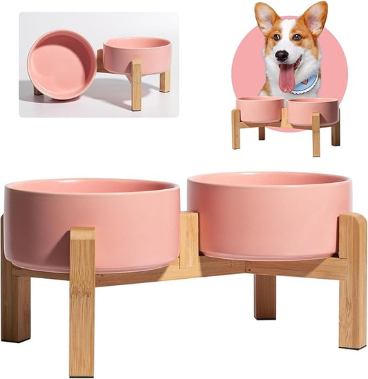Elevated Ceramic Dog Bowl Set - Raised Dog Bowls with Non-Slip Bamboo Stand - Dog Food and Water Bowl Set - Double Dog Feeding Bowls - Suitable for Small and Medium Dogs - 28.74 OZ - 3.6 CUPS - 850 ML