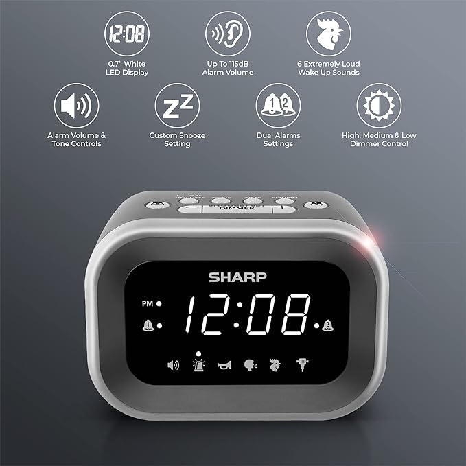 Sharp Big Bang Super Loud Alarm Clock for Heavy Sleepers, 6 Extremely Loud Wake Up Sounds: Rooster, Bugle, Nagging Mom, Jackhammer, Siren, Beep– Up to 115db Volume, Silver/Black with White LED Display