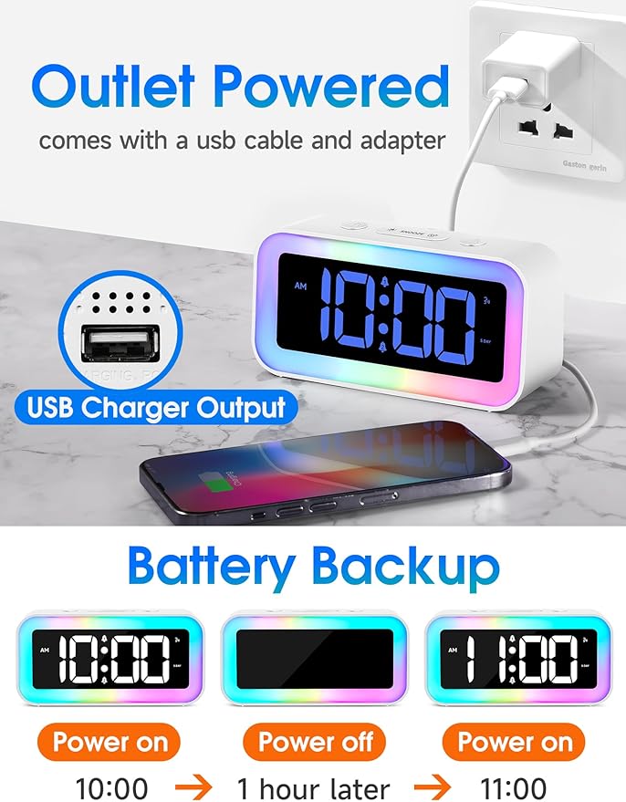 Cadmos Loud Alarm Clock for Bedrooms with Dynamic RGB Night Light,Heavy Sleepers Adults,Dual Alarm,Dimmer,USB Charger,Small Bedside Digital Clock with Led Display for Kids,Teens,Seniors (White)