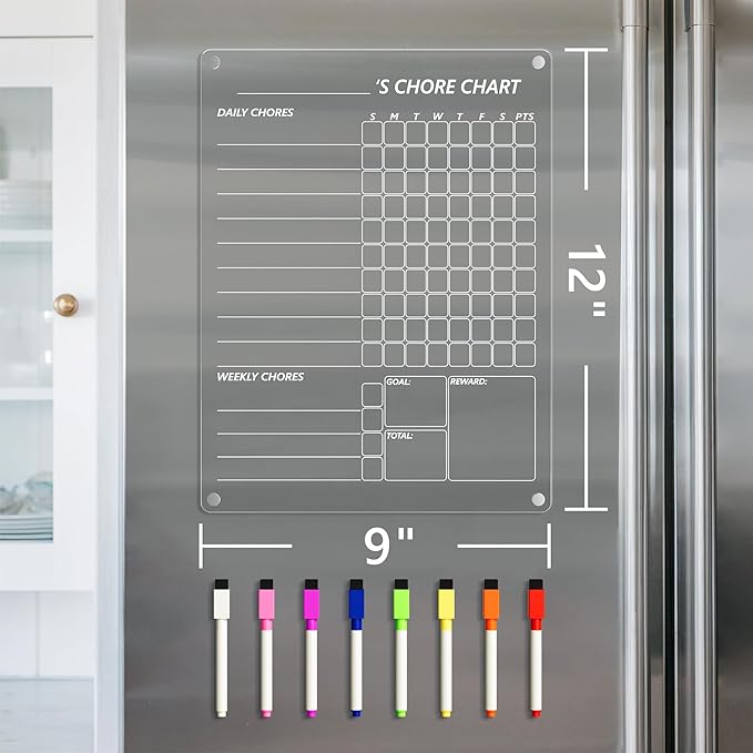 Acrylic Magnetic Chore Chart for Fridge, Clear Dry Erase Chores Chart for Refrigerator, Responsibility Reward Planning Board for Teens Family, w/ 8 Colors Markers, 12"x9"