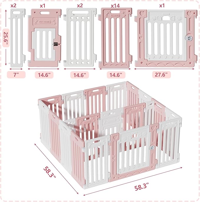 2 Room Dog Playpen with Door,DIY Shape Combination Puppy Pen,16-Panel+2 Link Piece+Large Door+Small Door,25.5" H Dog Fence,Non-Slip&Secure Pet Gate,Easy to Assemble,Pink + White