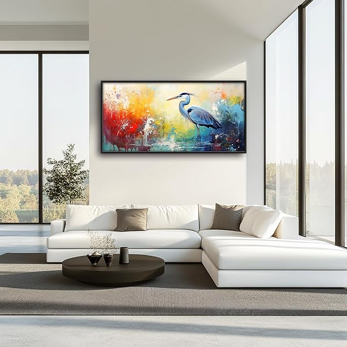 Extra Large Framed Abstract Heron Wall Art,Oversized Colorful Graffiti Heron Wall Decor Pictures for Living Room,Canvas Print Painting Modern Artwork Bedroom Office Bathroom Home Decor 60L x 30W