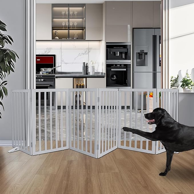 ZJSF Freestanding Indoor Dog Gate for House Foldable Wood Puppy Gate for Doorways Pet Gate for Stairs Extra Wide Pet Fence, Grey, 32" Height 6 Panels