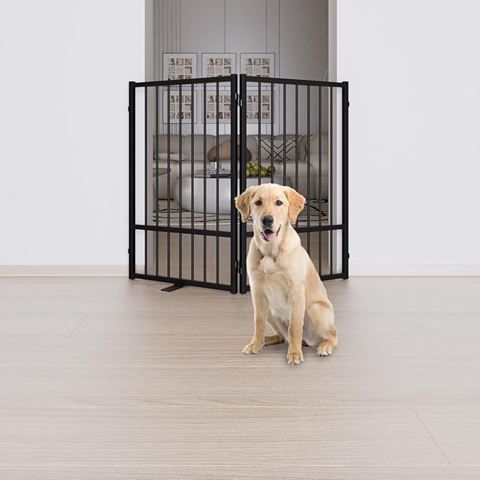 Full Metal Freestanding Dog Gate with Door, 32''Height Foldable Pet Dog Fence for Indoor & Outdoor, 2 Panels Extra Wide Free Standing TallDog Gates for Doorways,House,Stairs,Porch,Deck,Yard