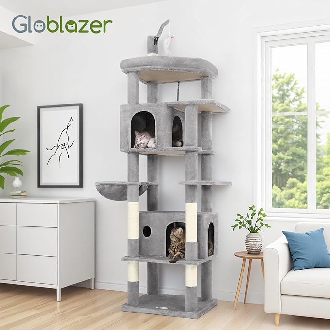 Globlazer Large Cat Tree Tower, Tall Cat Tree Condos for Indoor Cats Large Adult Cat Climbing Tower with 2 Spacious Caves, Oversized Top Perch, Big Hanging Basket, Cat Teaser Wand, F74B, Light Grey